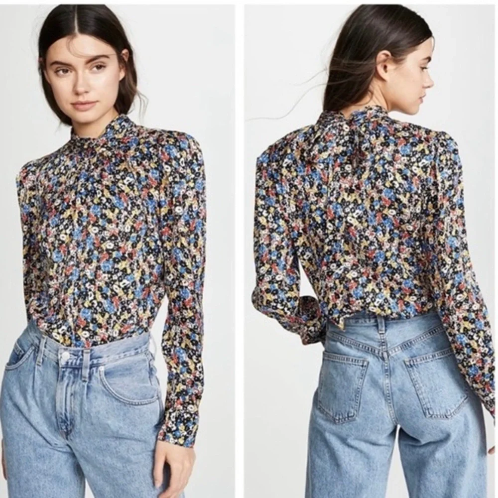Veronica Beard mena black white red floral print neck tie silk blouse top - Picture 3 of 16